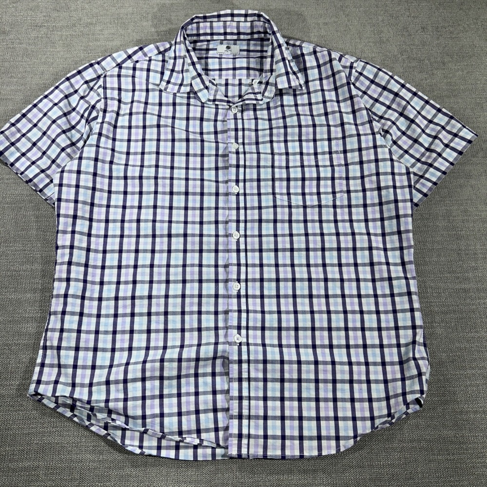 Social Coast Button Down Mens‎ XL Purple Blue Plaid Excellent Short Sleeve Shirt